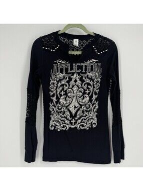 Affliction top womens small S black cross goth punk emo y2k 90s fitted thermal